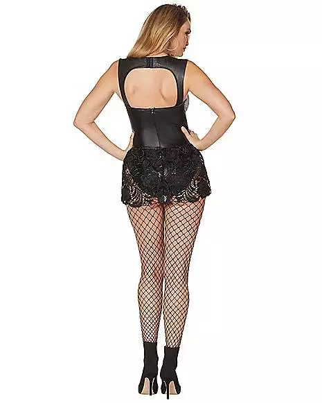 Adult Black Faux Leather And Lace Bodysuit 2 Adult Black Faux Leather And Lace Bodysuit - Image 2